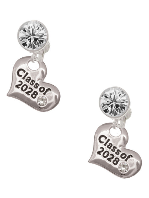 Silver Plated Class of 2028 Heart - Crystal Clip on Earrings: Color Choice - Red, Green, Blue, Purple, Pink, Clear, Black
