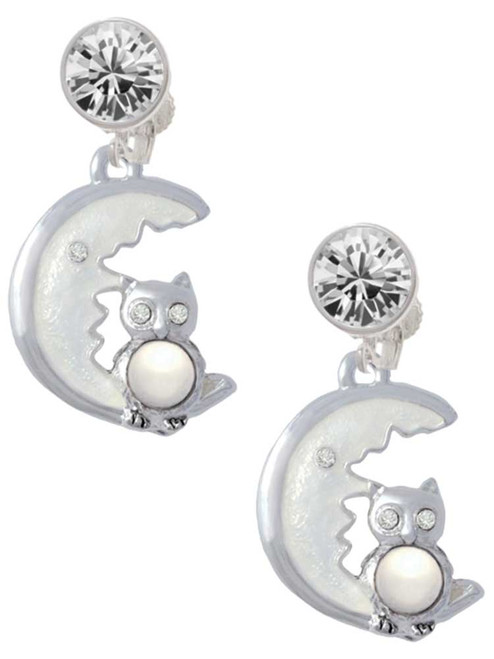 Silver Plated Large Imitation Pearl Owl Sitting on White Moon - Crystal Clip on Earrings: Color Choice - Red, Green, Blue, Purple, Pink, Clear, Black
