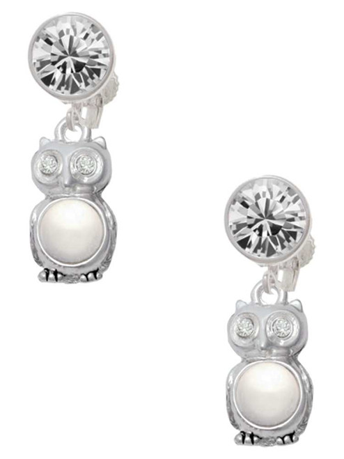 Silver Plated 3-D Imitation Pearl & Clear Crystal Owl - Crystal Clip on Earrings: Color Choice - Red, Green, Blue, Purple, Pink, Clear, Black