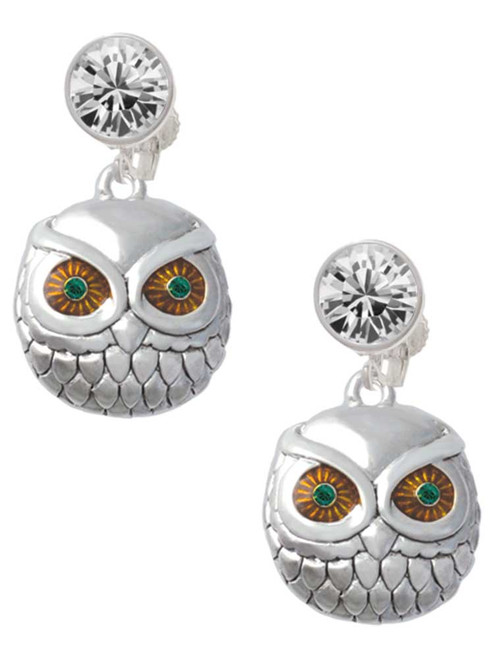 Silver Plated Large Round Owl with Green Crystal Eyes - Crystal Clip on Earrings: Color Choice - Red, Green, Blue, Purple, Pink, Clear, Black