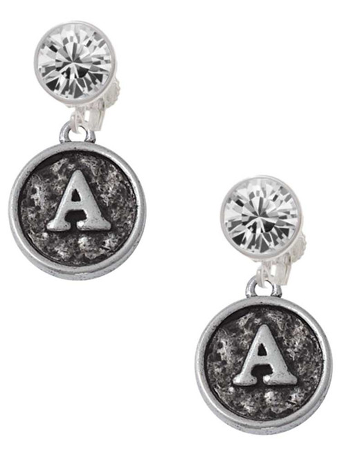 Silver Plated Antiqued Round Seal - Initial - A - Crystal Clip on Earrings: Color Choice - Red, Green, Blue, Purple, Pink, Clear, Black