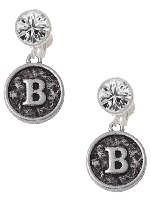 Silver Plated Antiqued Round Seal - Initial - B - Crystal Clip on Earrings: Color Choice - Red, Green, Blue, Purple, Pink, Clear, Black