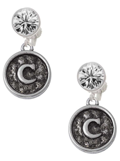 Silver Plated Antiqued Round Seal - Initial - C - Crystal Clip on Earrings: Color Choice - Red, Green, Blue, Purple, Pink, Clear, Black