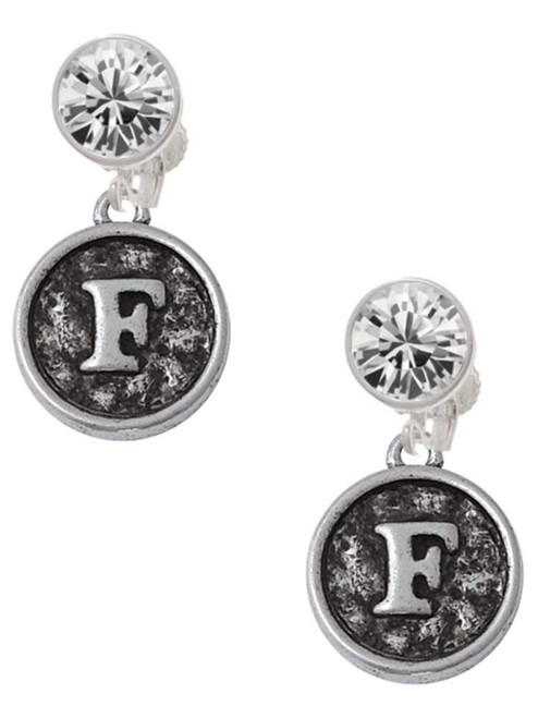 Silver Plated Antiqued Round Seal - Initial - F - Crystal Clip on Earrings: Color Choice - Red, Green, Blue, Purple, Pink, Clear, Black