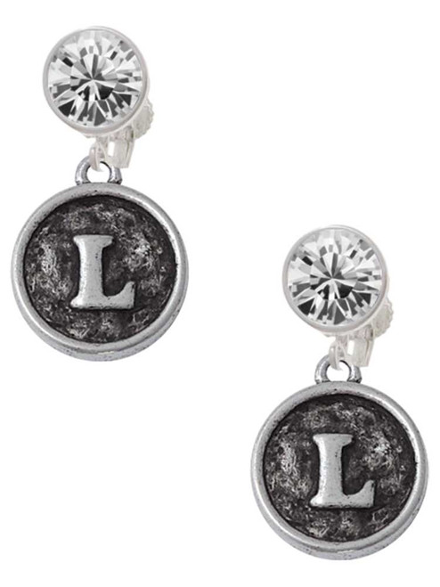 Silver Plated Antiqued Round Seal - Initial - L - Crystal Clip on Earrings: Color Choice - Red, Green, Blue, Purple, Pink, Clear, Black