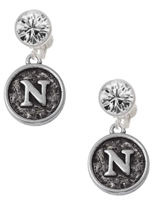 Silver Plated Antiqued Round Seal - Initial - N - Crystal Clip on Earrings: Color Choice - Red, Green, Blue, Purple, Pink, Clear, Black