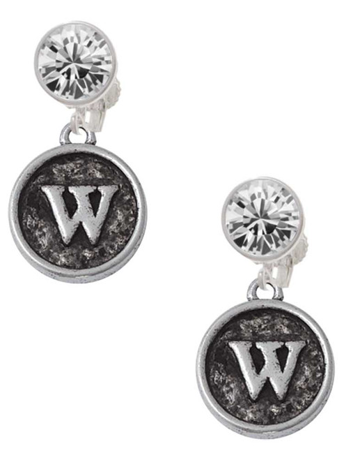 Silver Plated Antiqued Round Seal - Initial - W - Crystal Clip on Earrings: Color Choice - Red, Green, Blue, Purple, Pink, Clear, Black