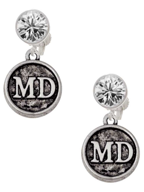 Silver Plated Doctor Caduceus Seal - MD - Crystal Clip on Earrings: Color Choice - Red, Green, Blue, Purple, Pink, Clear, Black