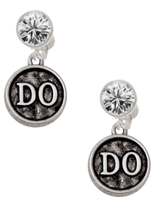 Silver Plated Doctor Caduceus Seal - DO - Crystal Clip on Earrings: Color Choice - Red, Green, Blue, Purple, Pink, Clear, Black