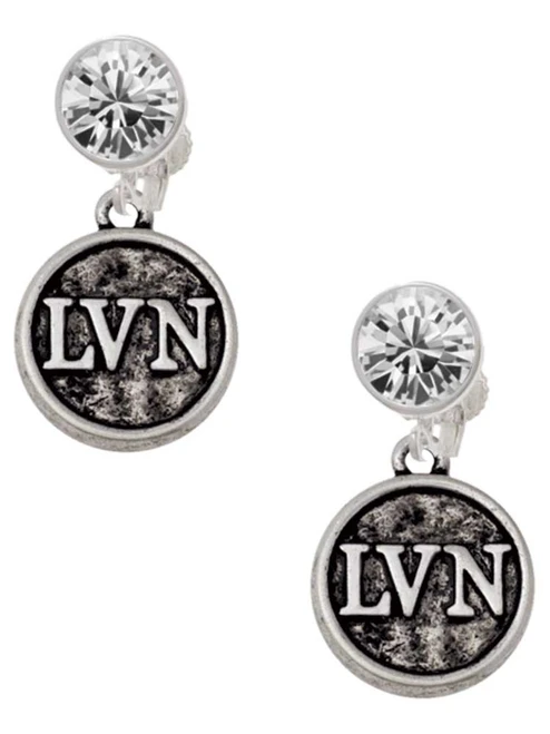Silver Plated Nurse Caduceus Seal - LVN - Crystal Clip on Earrings: Color Choice - Red, Green, Blue, Purple, Pink, Clear, Black