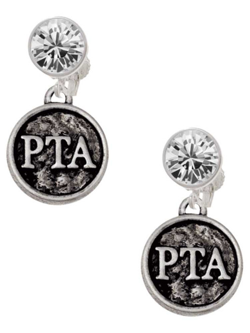 Silver Plated Physical Therapist Caduceus Seal - PTA - Crystal Clip on Earrings: Color Choice - Red, Green, Blue, Purple, Pink, Clear, Black