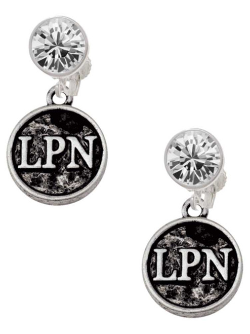 Silver Plated Nurse Caduceus Seal - LPN - Crystal Clip on Earrings: Color Choice - Red, Green, Blue, Purple, Pink, Clear, Black