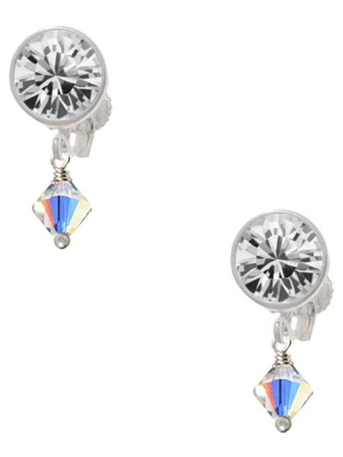 Clear AB Crystal Bicone - Crystal Clip on Earrings: Color Choice - Red, Green, Blue, Purple, Pink, Clear, Black
