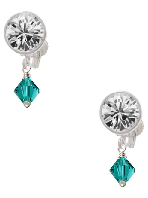 December - Teal Crystal Bicone - Crystal Clip on Earrings: Color Choice - Red, Green, Blue, Purple, Pink, Clear, Black