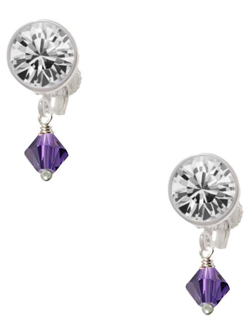 Purple Velvet Crystal Bicone - Crystal Clip on Earrings: Color Choice - Red, Green, Blue, Purple, Pink, Clear, Black