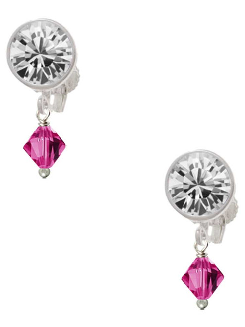 Fuchsia Crystal Bicone - Crystal Clip on Earrings: Color Choice - Red, Green, Blue, Purple, Pink, Clear, Black
