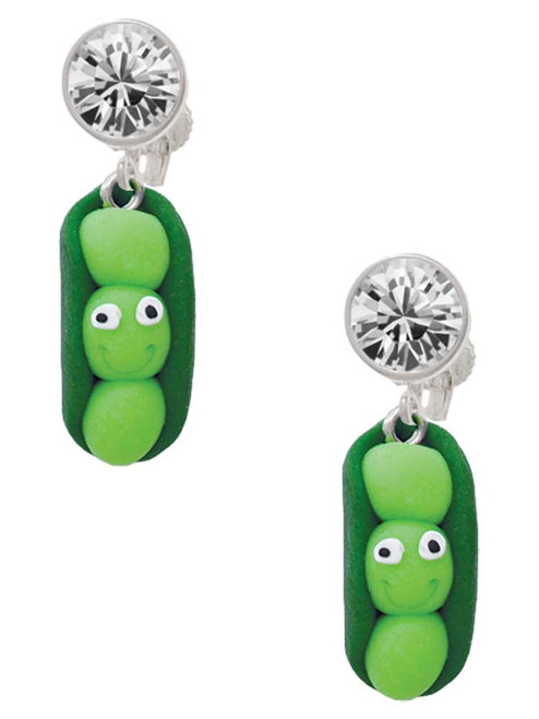 Fimo Clay Three Peas in a Pod - Crystal Clip on Earrings: Color Choice - Red, Green, Blue, Purple, Pink, Clear, Black