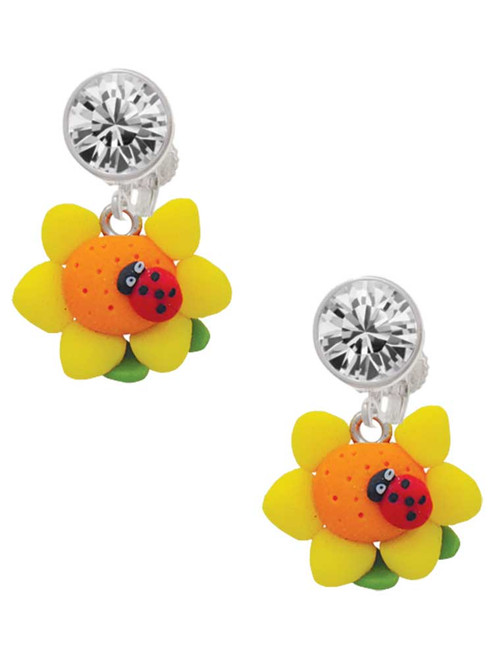 Fimo Clay Sunflower with Ladybug - Crystal Clip on Earrings: Color Choice - Red, Green, Blue, Purple, Pink, Clear, Black