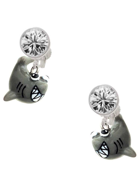 Resin Shark - Crystal Clip on Earrings: Color Choice - Red, Green, Blue, Purple, Pink, Clear, Black