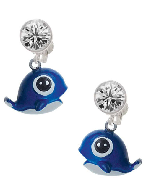 Resin Cute Blue Whale - Crystal Clip on Earrings: Color Choice - Red, Green, Blue, Purple, Pink, Clear, Black