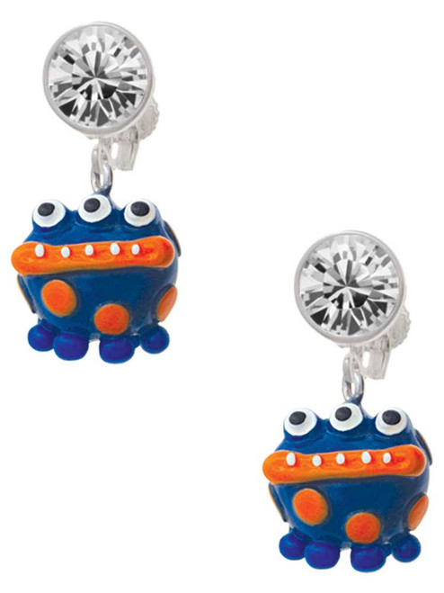 Resin Blue Alien with Orange Dots - Crystal Clip on Earrings: Color Choice - Red, Green, Blue, Purple, Pink, Clear, Black
