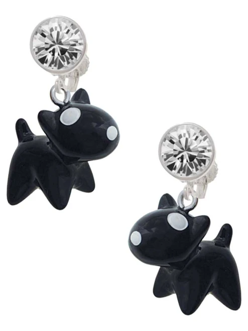 Resin Black Bull Terrier Dog - Crystal Clip on Earrings: Color Choice - Red, Green, Blue, Purple, Pink, Clear, Black