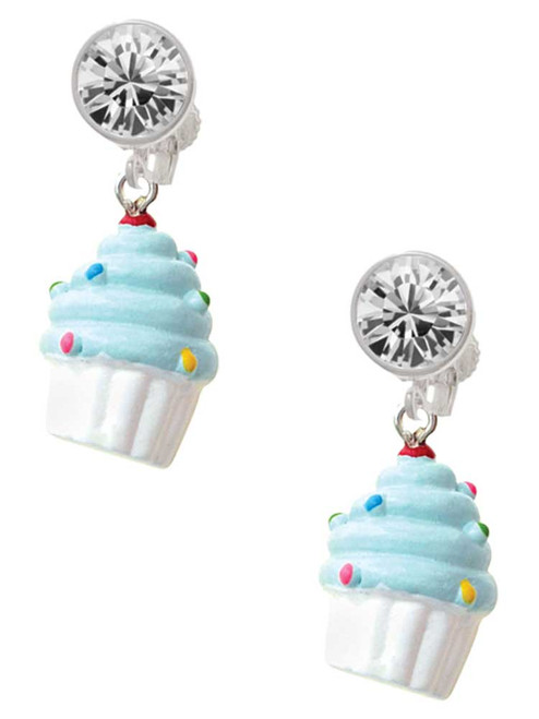 Resin White Cupcake with Blue Frosting - Crystal Clip on Earrings: Color Choice - Red, Green, Blue, Purple, Pink, Clear, Black