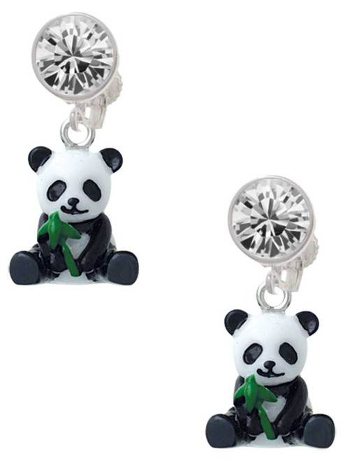 Resin Panda Bear - Crystal Clip on Earrings: Color Choice - Red, Green, Blue, Purple, Pink, Clear, Black