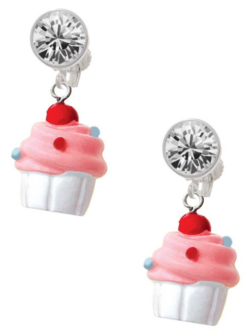 Resin White Cupcake with Pink Frosting - Crystal Clip on Earrings: Color Choice - Red, Green, Blue, Purple, Pink, Clear, Black