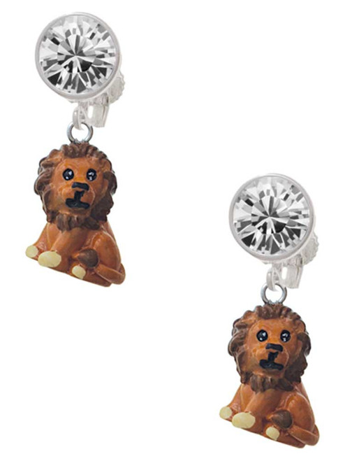 Resin Tan Lion - Crystal Clip on Earrings: Color Choice - Red, Green, Blue, Purple, Pink, Clear, Black