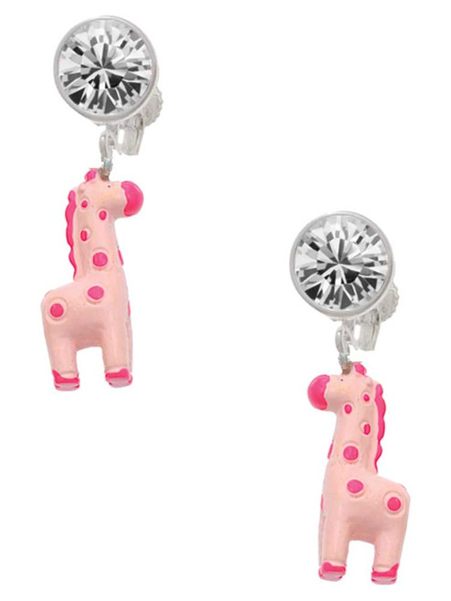 Resin Pink Geronimo the Giraffe - Crystal Clip on Earrings: Color Choice - Red, Green, Blue, Purple, Pink, Clear, Black