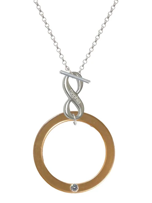 Acrylic 1 1/2" Ring with 4mm Gold-tone Crystal - Custom Engraved Infinity Toggle Necklace: Personalized Jewelry Gift - Names, Initials, Dates, Bible Verses