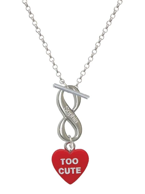 Acrylic Red "Too Cute / Cutie" Heart - Custom Engraved Infinity Toggle Necklace: Personalized Jewelry Gift - Names, Initials, Dates, Bible Verses