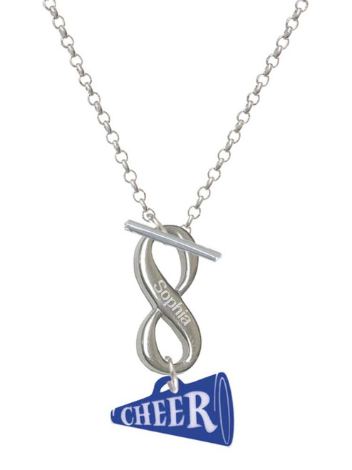 Acrylic Royal Blue Cheer Megaphone - Custom Engraved Infinity Toggle Necklace: Personalized Jewelry Gift - Names, Initials, Dates, Bible Verses