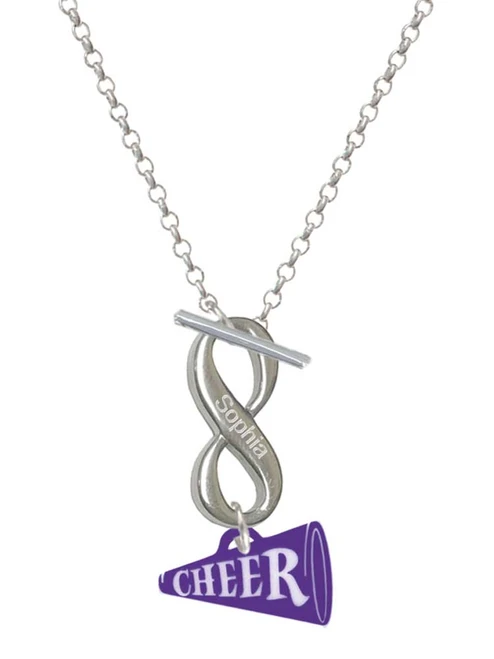 Acrylic Purple Cheer Megaphone - Custom Engraved Infinity Toggle Necklace: Personalized Jewelry Gift - Names, Initials, Dates, Bible Verses