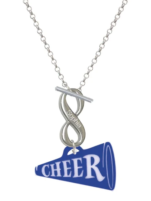 Acrylic Large Royal Blue Cheer Megaphone - Custom Engraved Infinity Toggle Necklace: Personalized Jewelry Gift - Names, Initials, Dates, Bible Verses