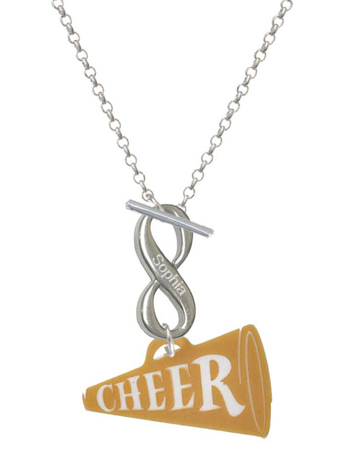 Acrylic Large Gold-tone Cheer Megaphone - Custom Engraved Infinity Toggle Necklace: Personalized Jewelry Gift - Names, Initials, Dates, Bible Verses
