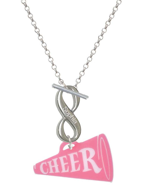 Acrylic Large Pink Cheer Megaphone - Custom Engraved Infinity Toggle Necklace: Personalized Jewelry Gift - Names, Initials, Dates, Bible Verses