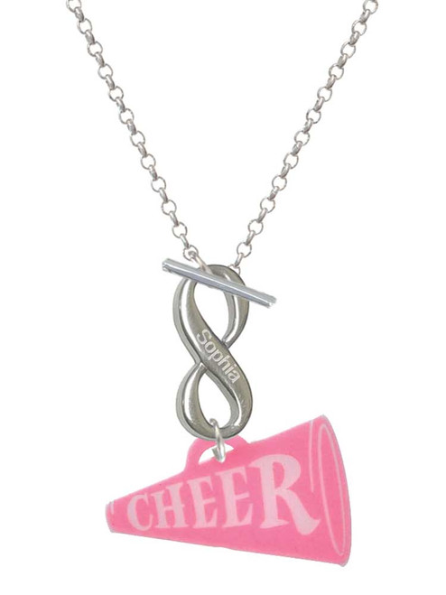 Acrylic Large Hot Pink Cheer Megaphone - Custom Engraved Infinity Toggle Necklace: Personalized Jewelry Gift - Names, Initials, Dates, Bible Verses