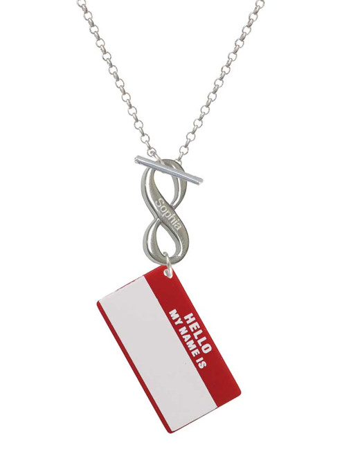 Acrylic Red "Hello" Name Tag - Custom Engraved Infinity Toggle Necklace: Personalized Jewelry Gift - Names, Initials, Dates, Bible Verses