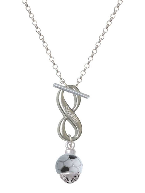 Silver Plated 3-D Enamel Soccerball Spinner - Custom Engraved Infinity Toggle Necklace: Personalized Jewelry Gift - Names, Initials, Dates, Bible Verses
