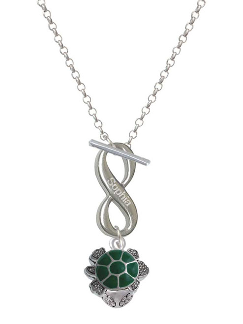 Silver Plated Green Enamel 2-D Turtle Spinner - Custom Engraved Infinity Toggle Necklace: Personalized Jewelry Gift - Names, Initials, Dates, Bible Verses