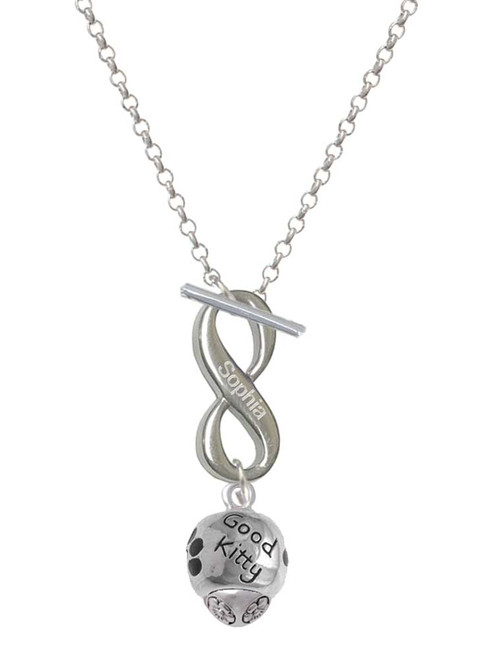 Silver Plated Good Kitty with Black Paw Spinners - Custom Engraved Infinity Toggle Necklace: Personalized Jewelry Gift - Names, Initials, Dates, Bible Verses