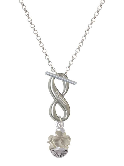 Silver Plated White Plumeria Flowers Spinner - Custom Engraved Infinity Toggle Necklace: Personalized Jewelry Gift - Names, Initials, Dates, Bible Verses