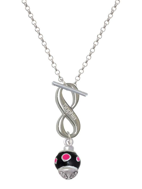 Silver Plated Hot Pink Dots on Black Spinner - Custom Engraved Infinity Toggle Necklace: Personalized Jewelry Gift - Names, Initials, Dates, Bible Verses