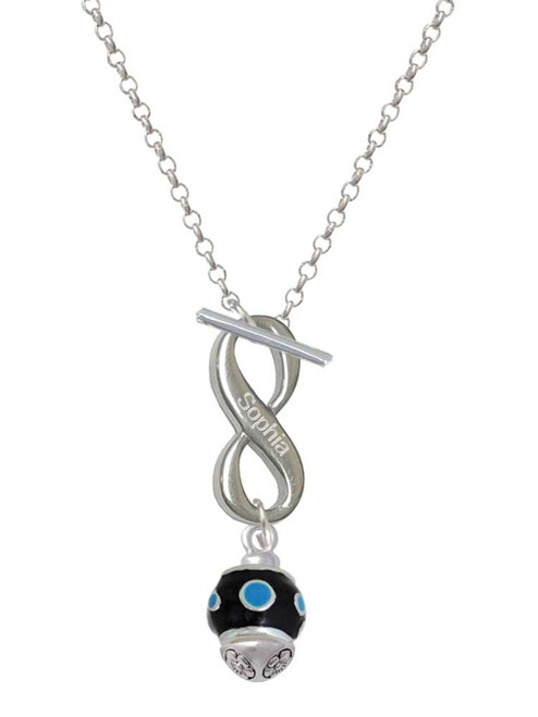 Silver Plated Hot Blue Dots on Black Spinner - Custom Engraved Infinity Toggle Necklace: Personalized Jewelry Gift - Names, Initials, Dates, Bible Verses