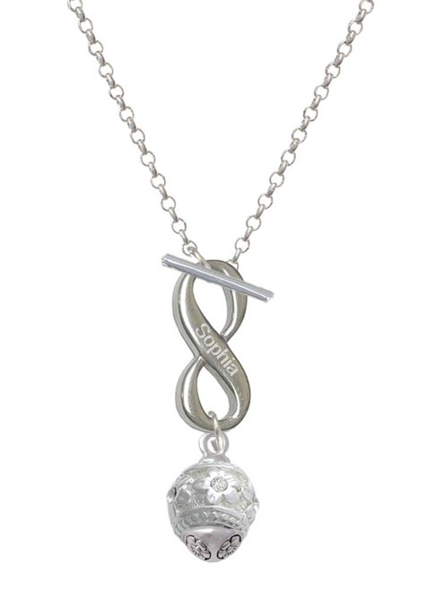 Silver Plated Raised Flowers with Clear Crystals on Barrel Spinner - Custom Engraved Infinity Toggle Necklace: Personalized Jewelry Gift - Names, Initials, Dates, Bible Verses