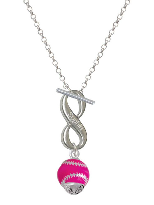 Silver Plated Hot Pink Softball with Stitching Spinner - Custom Engraved Infinity Toggle Necklace: Personalized Jewelry Gift - Names, Initials, Dates, Bible Verses