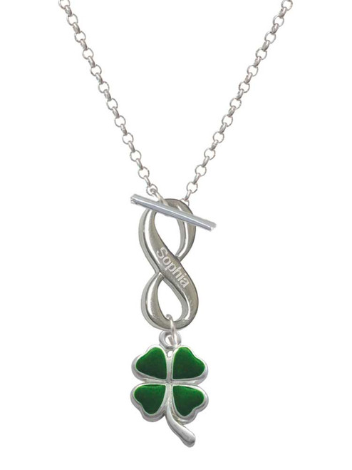 Silver Plated Green Four Leaf Clover with Heart Leaves - Custom Engraved Infinity Toggle Necklace: Personalized Jewelry Gift - Names, Initials, Dates, Bible Verses