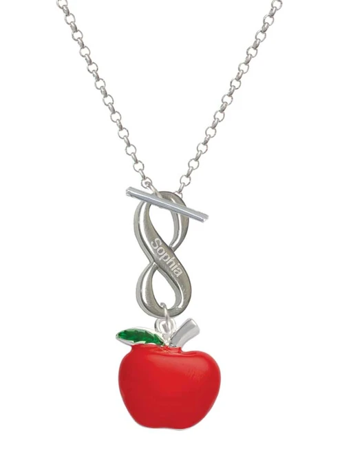 Silver Plated Large Red Apple - Custom Engraved Infinity Toggle Necklace: Personalized Jewelry Gift - Names, Initials, Dates, Bible Verses